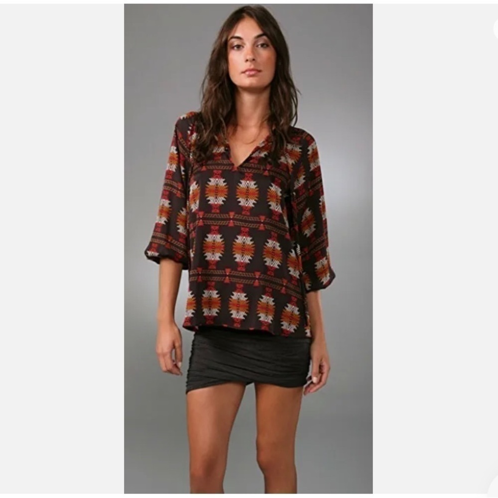 Tucker Long Tie Neck Silk Blouse  Aztec Print sz P